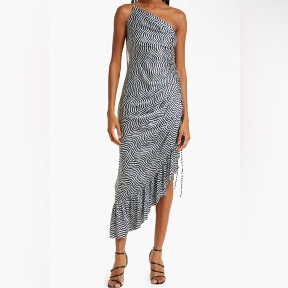 Cinq a Sept NWT Christel Silk One Shoulder Ruched
Midi Dress Navy/Ivory Size 6 - Picture 1 of 11